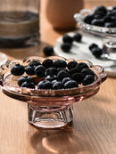 Vintage clear glass dessert plate, Heirloom Pedestal Tray jewelry display storage tray, scalloped lace candle holder for elegant home decoration.