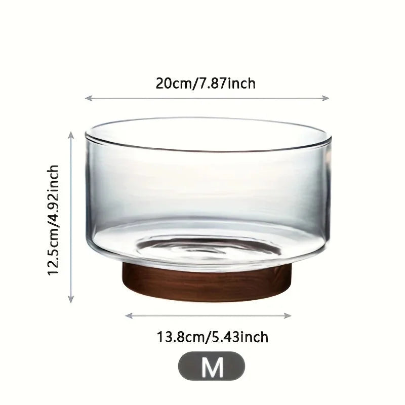 Glass Fruit Bowl Creative Large Salad Bowl Wood Base Snacks Popcorn Nuts Storage Bowls Home Christmas Snack Storage Container-Letifly Lights and Decor