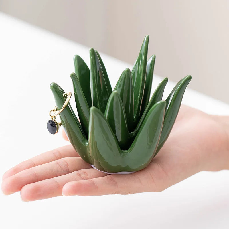 Nordic ceramic cactus aloe ring jewelry organizer, decorative green succulent earring storage dish for home study, office desk, and vanity decor