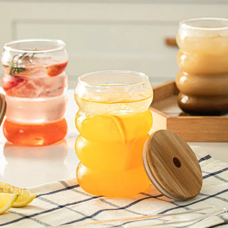 bubble glass cup bamboo lid straw borosilicate eco-friendly drinkware