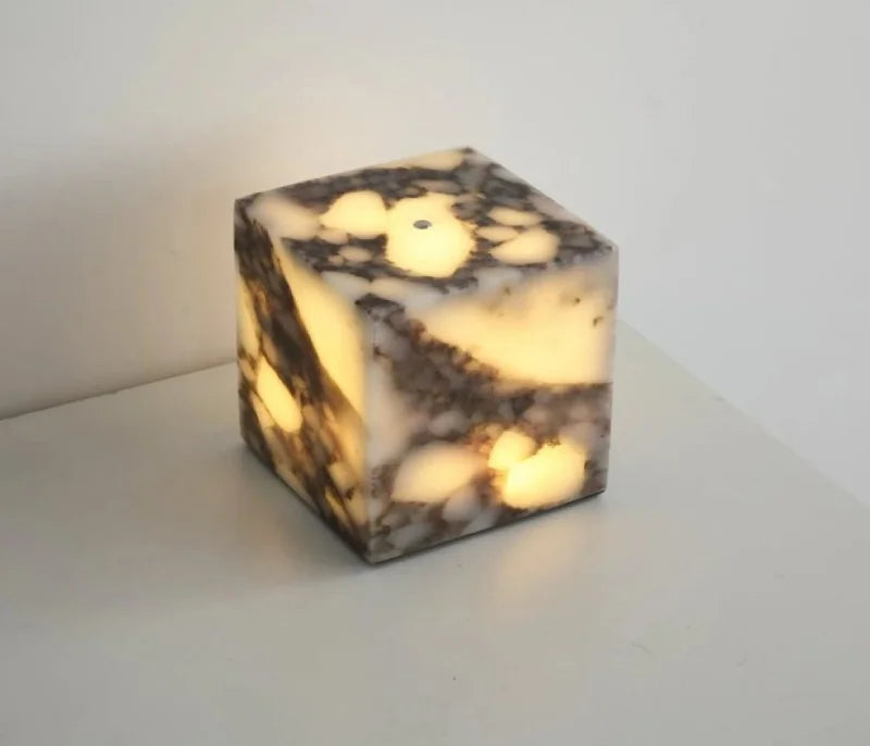 Stone cube lamp natural marble warm glow bedside modern decor light
