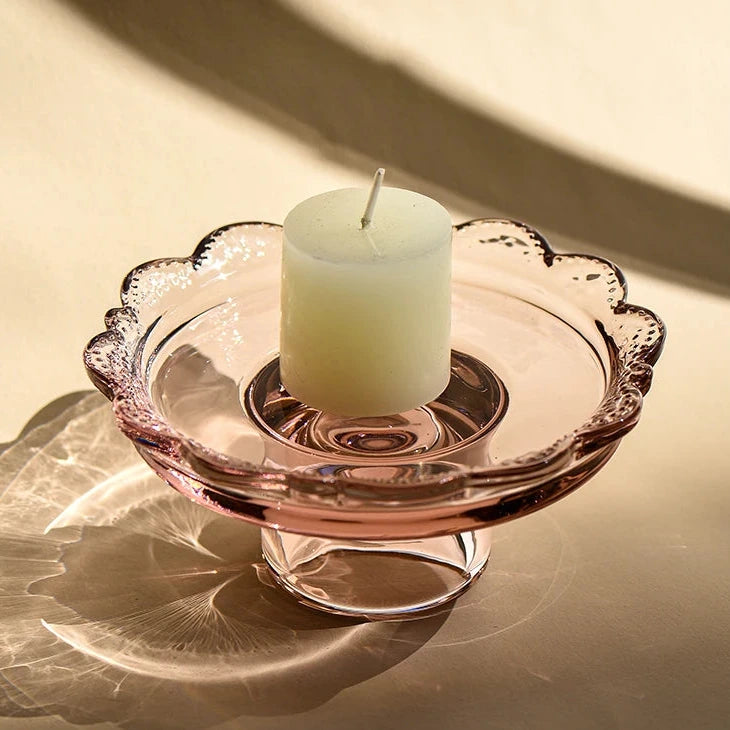 Vintage clear glass dessert plate, Heirloom Pedestal Tray jewelry display storage tray, scalloped lace candle holder for elegant home decoration.