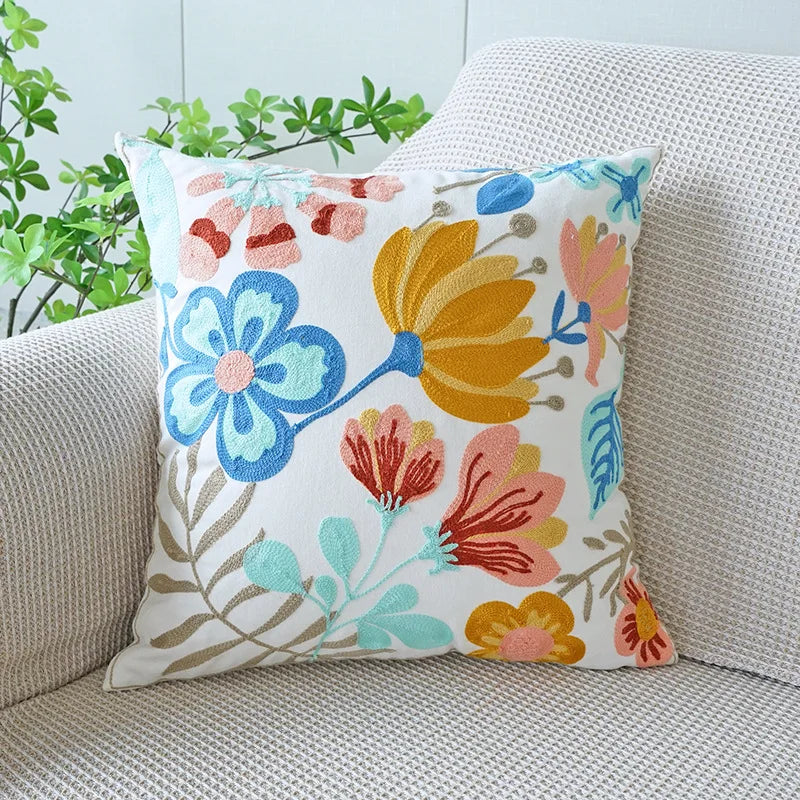 Embroidered Cotton Pillow Cover Nordic Floral Cushion Decorative Sofa Pillow