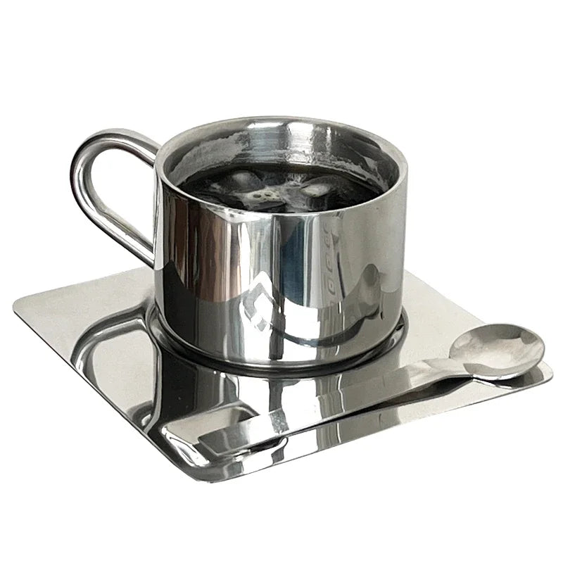 Stainless steel espresso cup and square saucer modern coffee tea set 3pc set with teaspoon