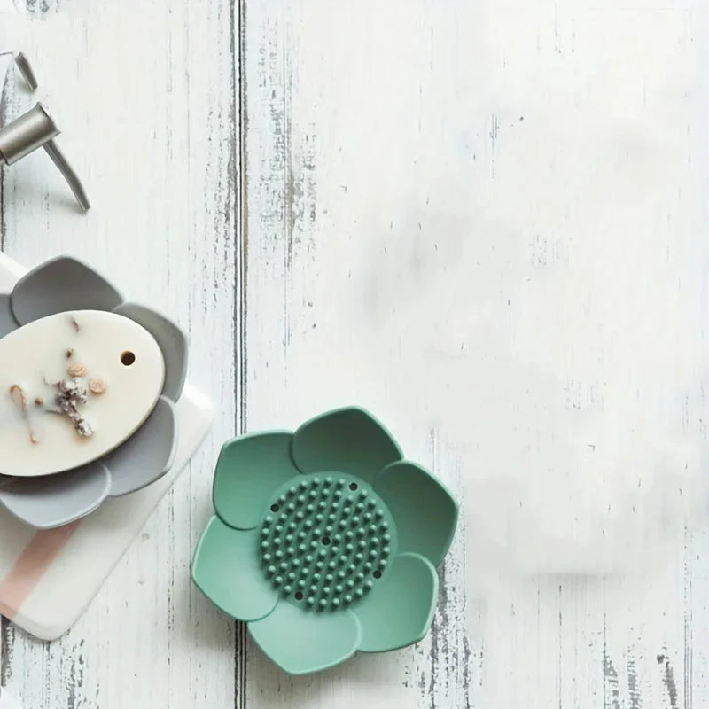 lotus flower silicone soap holder dish with drainage pad for bathroom or kitchen sink