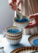 Blue ceramic dinnerware scalloped petal plate bowl sunburst glaze modern dining tableware set