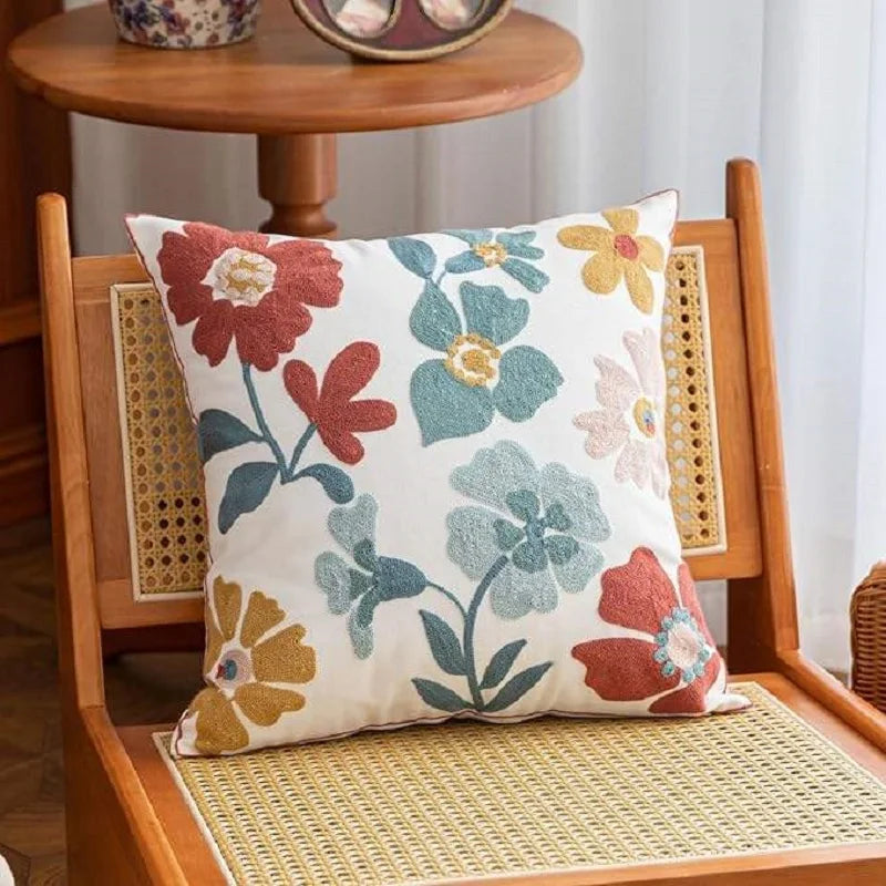 Embroidered Cotton Pillow Cover Nordic Floral Cushion Decorative Sofa Pillow