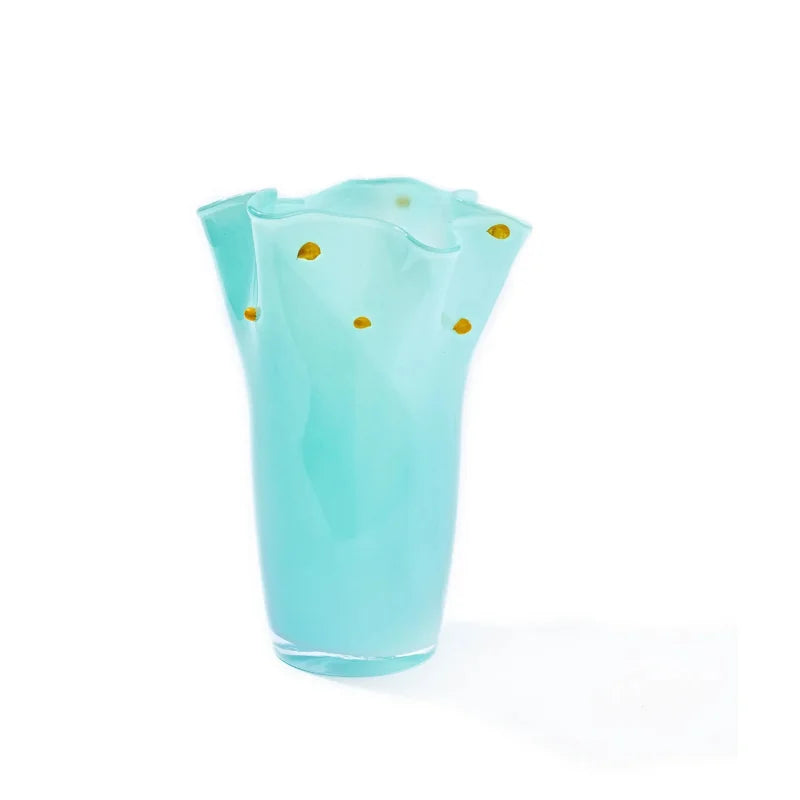 Glass vase gradient color wavy rim handblown ruffle edge pastel dotted accents