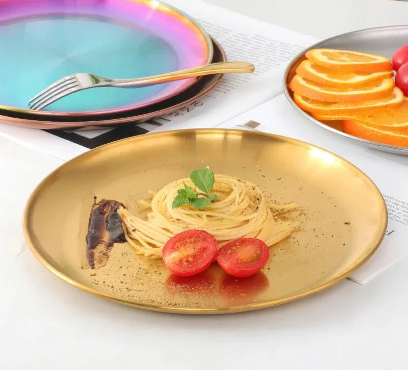 Stainless Steel Dinner Plates European Style Dessert Plate Kitchen Serving Dishes Salad Plate Cake Tray Western Steak Round Tray-Letifly Lights and Decor