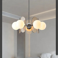 Retro glass globe chandelier with amber panels mid-century modern dining room light