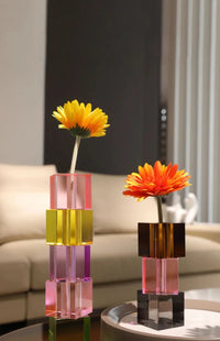Glass block vase modern crystal geometric flower holder home décor