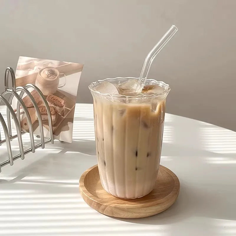 Fluted glass tumbler with scalloped ruffle rim clear drinking glass for iced coffee latte juice modern café style