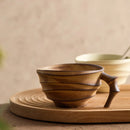 Ceramic ridged coffee mug warm brown textured tea cup sculptural handle minimalist drinkware