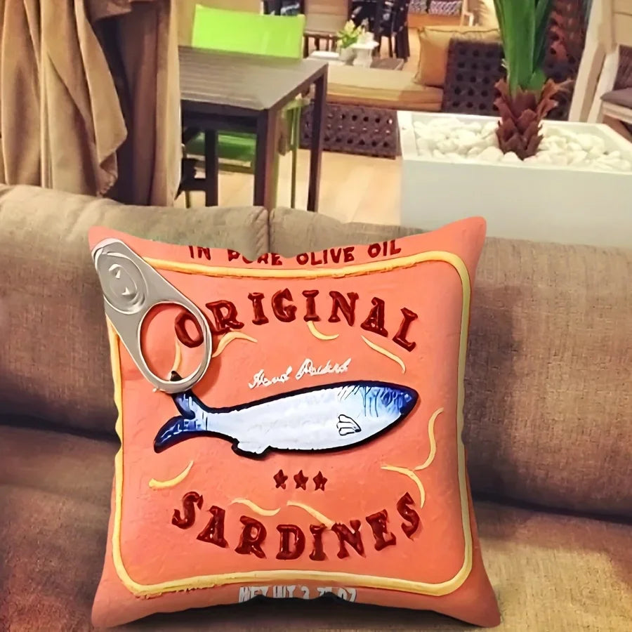 Sardine print pillow cover coastal cotton-linen quirky graphic square
