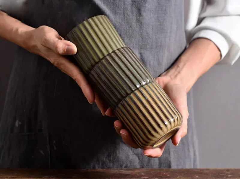 Ceramic ribbed retro tea cup hand-glazed Japanese style coffee wine mug