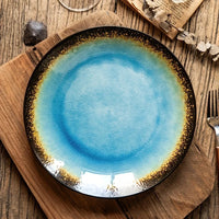 Ceramic Dinner Plate Green Kiln Glaze Flat Sushi Salad Serving Crackle Ice Glazed Dish