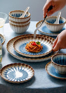 Blue ceramic dinnerware scalloped petal plate bowl sunburst glaze modern dining tableware set