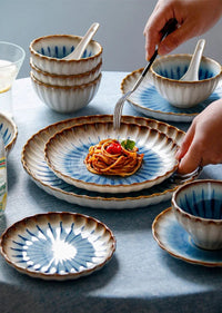 Blue ceramic dinnerware scalloped petal plate bowl sunburst glaze modern dining tableware set