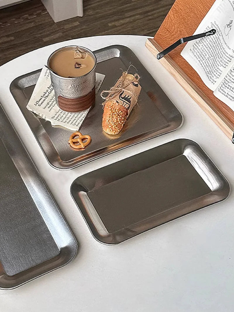 The Meridian Serve Tray Stainless steel square serving tray modern brushed metal café platter