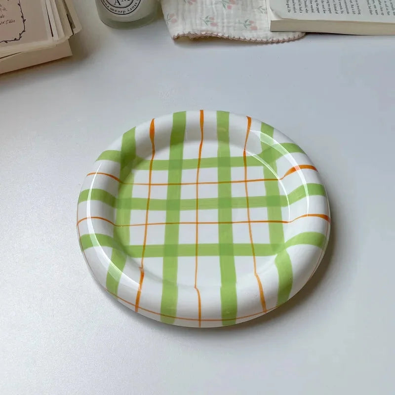 Gridline Ceramic Plates Glossy ceramic plates with thick rim in pink green blue purple modern tableware