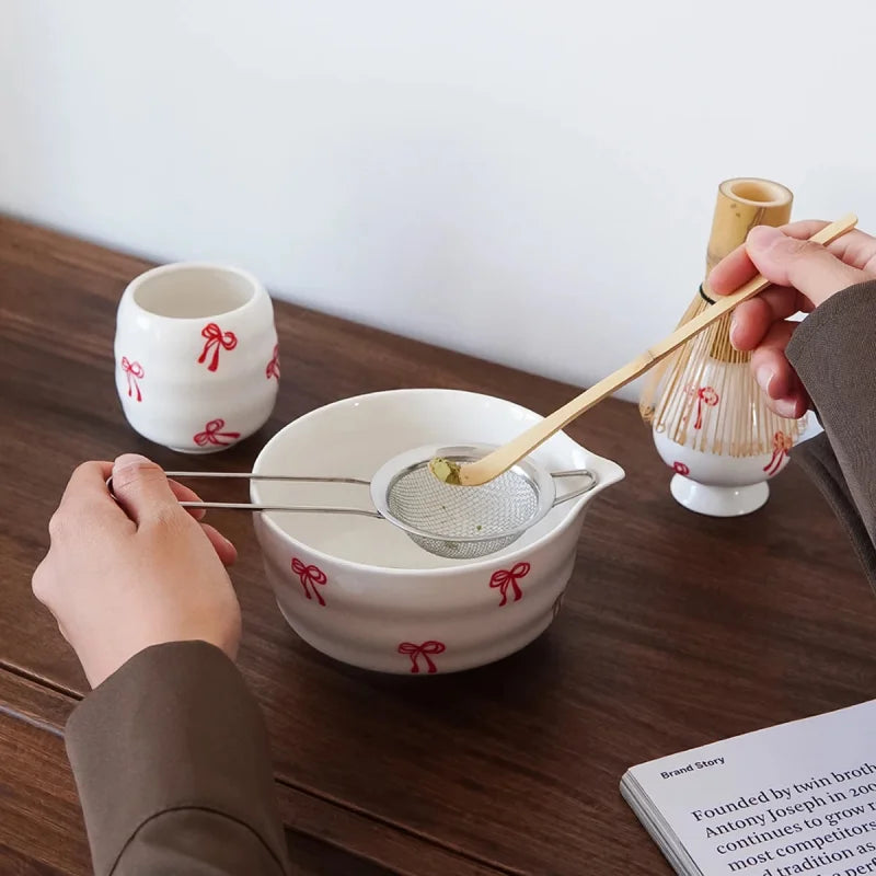 Ceramic matcha set red bow pattern bowl with spout whisk holder tea cup glossy ceramic tea tools