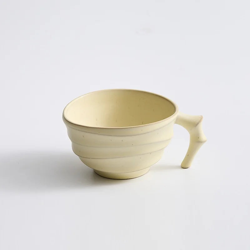 Ceramic ridged coffee mug warm brown textured tea cup sculptural handle minimalist drinkware