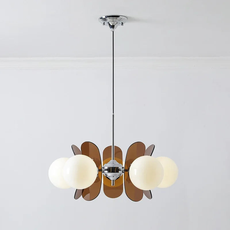 Retro glass globe chandelier with amber panels mid-century modern dining room light