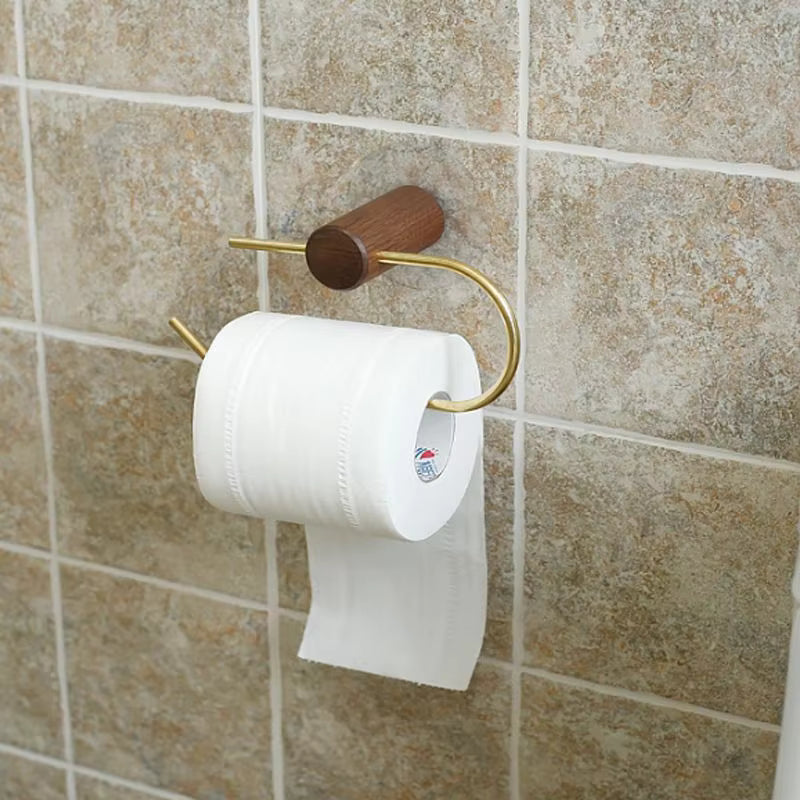 Wood Toilet Paper Holder No Drill Kitchen Storage Brass Towel Hanger Bathroom Accessories Self-Adhesive Wall Mounted Tissue Rack-Letifly Lights and Decor
