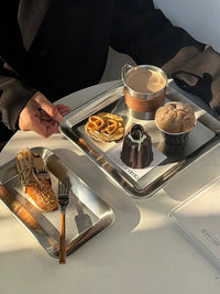 The Meridian Serve Tray Stainless steel square serving tray modern brushed metal café platter