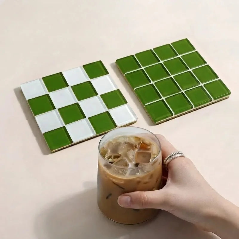 2Pcs Square Mosaic Glass Coaster Set, Heat Resistant Drink Cup Mats, Non-Slip Cork Base Table Protection Mat, Modern Minimalist-Letifly Lights and Decor