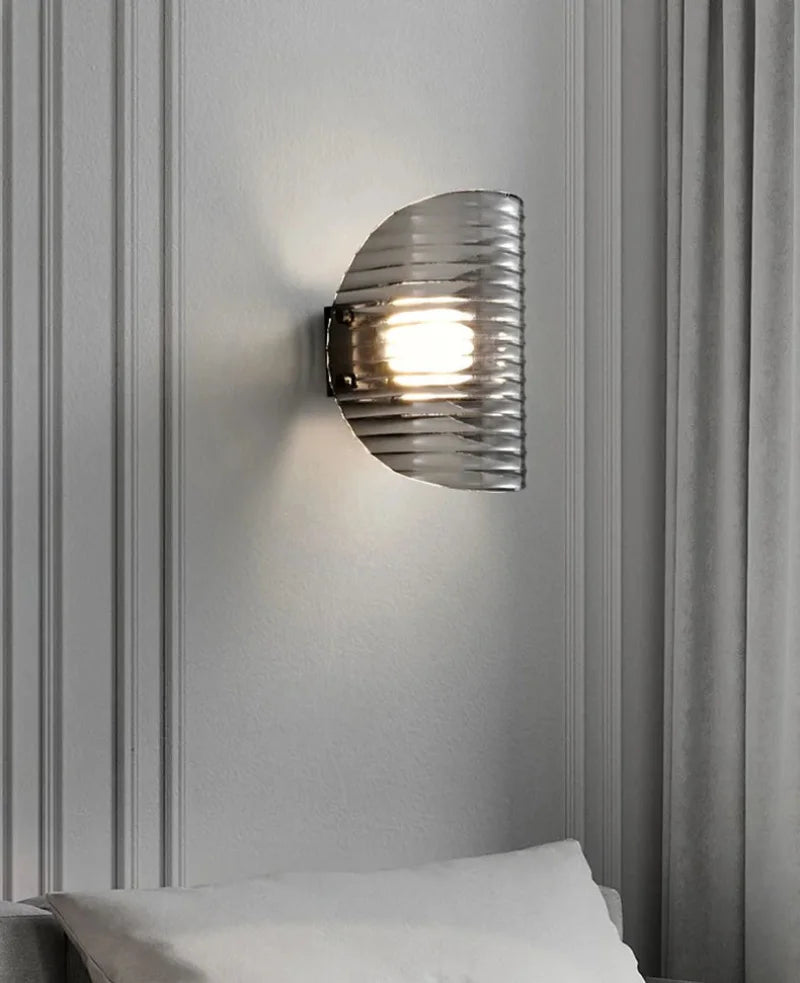 Modern ribbed glass wall lamp black finish ambient lighting half moon sconce contemporary interior