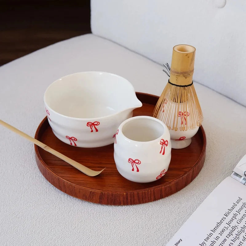 Ceramic matcha set red bow pattern bowl with spout whisk holder tea cup glossy ceramic tea tools