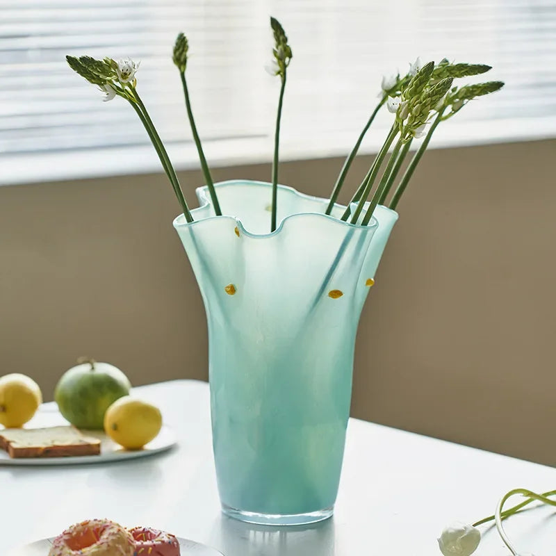 Glass vase gradient color wavy rim handblown ruffle edge pastel dotted accents