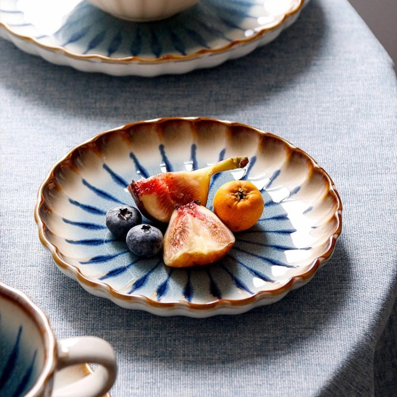 Blue ceramic dinnerware scalloped petal plate bowl sunburst glaze modern dining tableware set