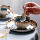 Blue ceramic dinnerware scalloped petal plate bowl sunburst glaze modern dining tableware set
