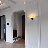 The Horizon Mount Modern glass wall lamp with black triangular mount ambient hallway lighting