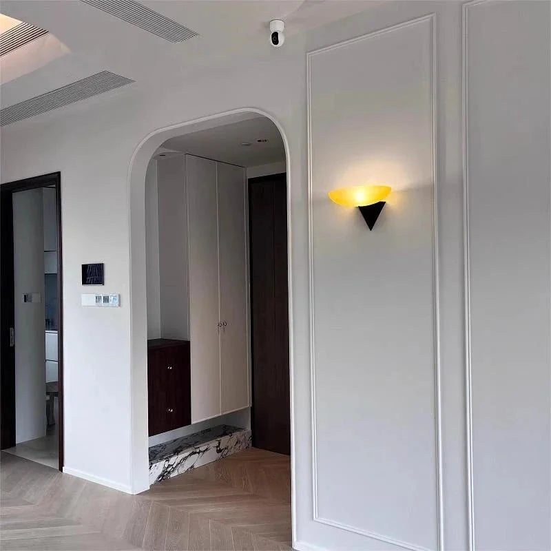 The Horizon Mount Modern glass wall lamp with black triangular mount ambient hallway lighting