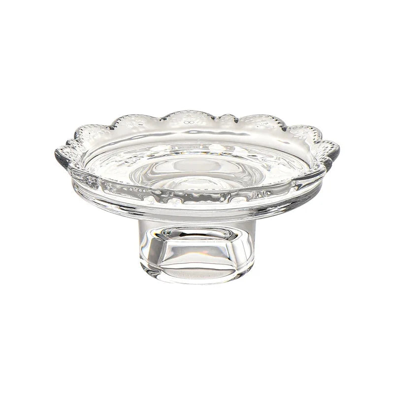 Vintage clear glass dessert plate, Heirloom Pedestal Tray jewelry display storage tray, scalloped lace candle holder for elegant home decoration.