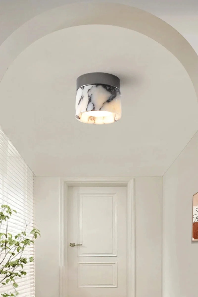 Vena Marble round natural stone ceiling light, retro translucent marble art deco ceiling lamp for Nordic home entrance, hallway, and modern decor