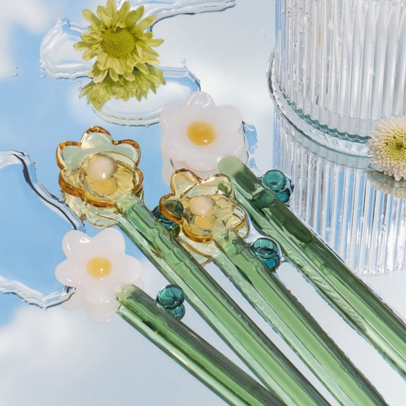 Daisy Flower Glass Straw with Custom Colors - Drinking Straws.Glass