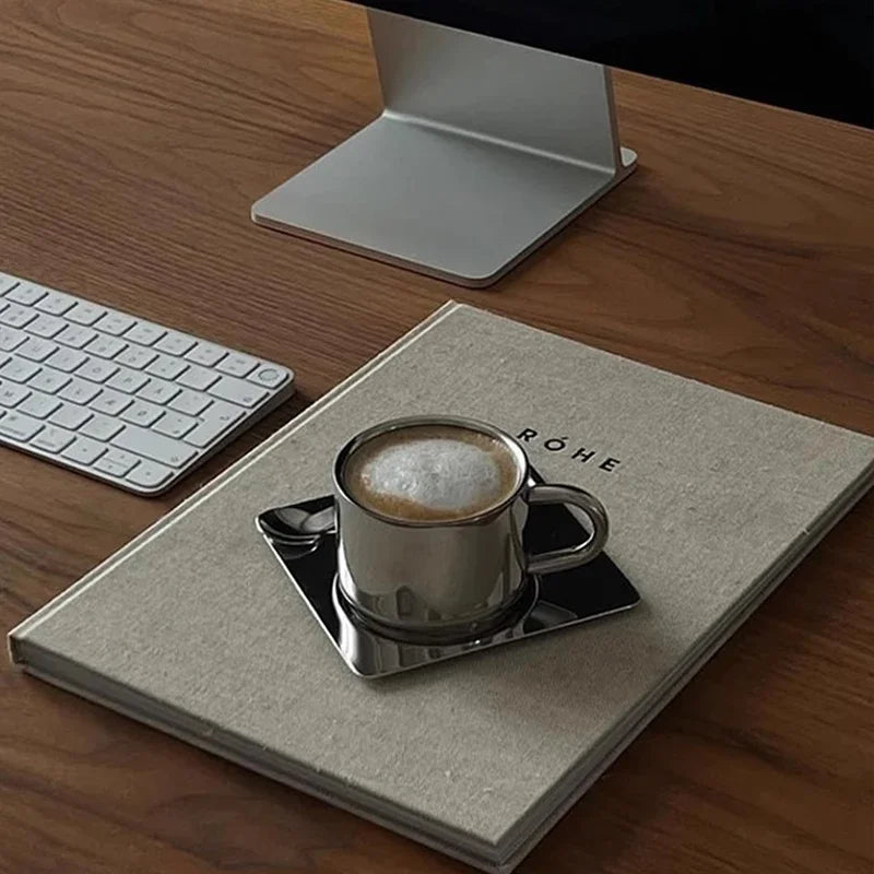 Stainless steel espresso cup and square saucer modern coffee tea set 3pc set with teaspoon