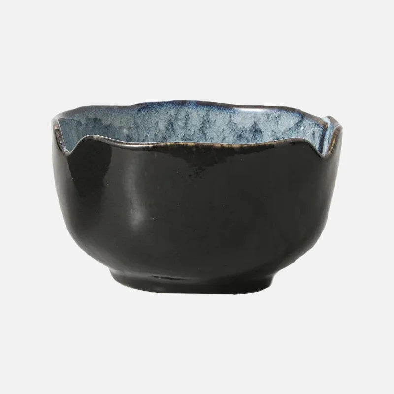 Ceramic serving bowls reactive glaze blue brown organic rim stackable modern dining tableware