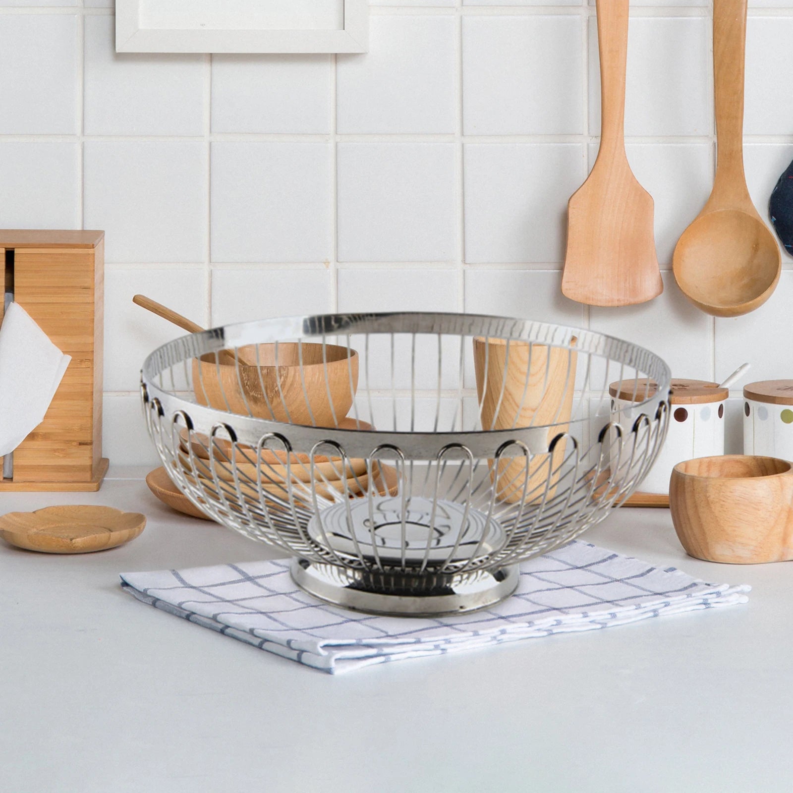 Verge Wire Basket Set stainless steel wire fruit basket modern kitchen bowl polished silver produce holder