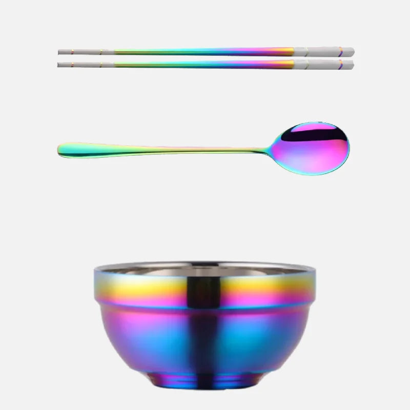 Small&Big Stainless Steel Chinese Rainbow Round Bowl Rice Soup Double Hot Insulation Container Noodle Bowl Kitchen Tableware-Letifly Lights and Decor