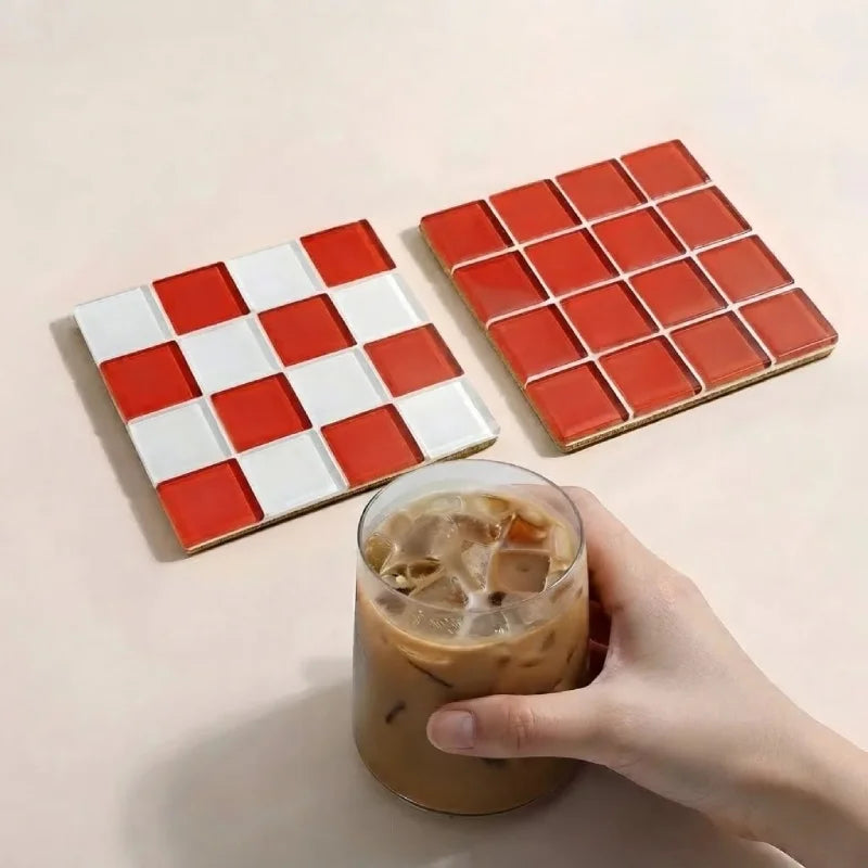 2Pcs Square Mosaic Glass Coaster Set, Heat Resistant Drink Cup Mats, Non-Slip Cork Base Table Protection Mat, Modern Minimalist-Letifly Lights and Decor