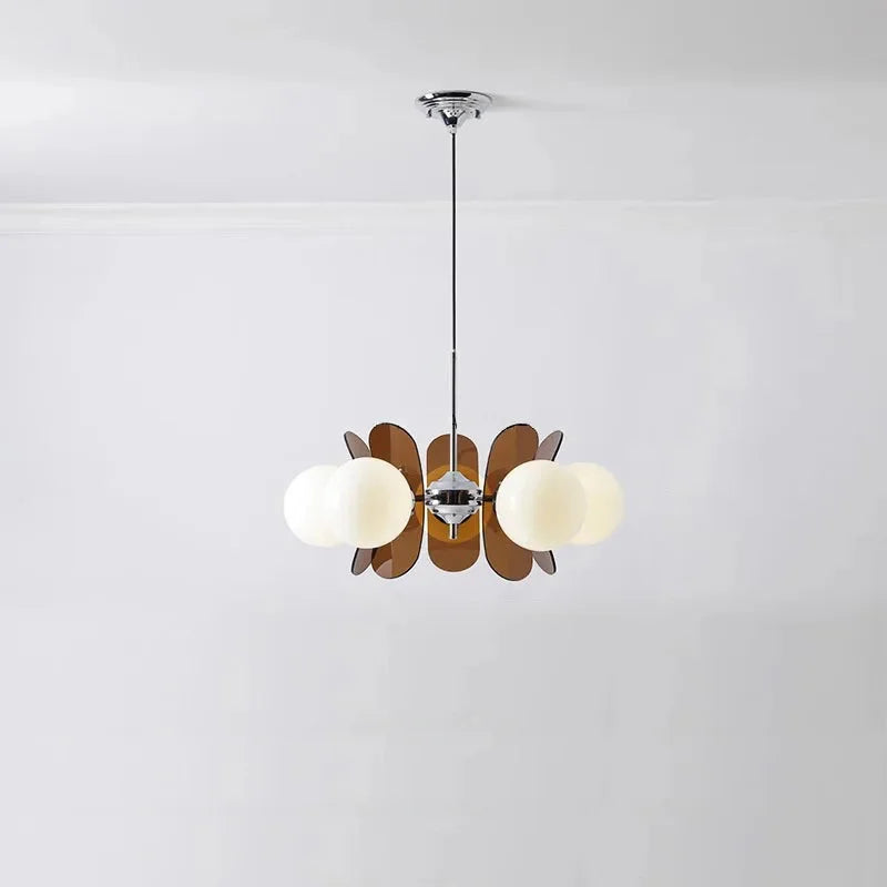 Retro glass globe chandelier with amber panels mid-century modern dining room light