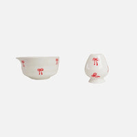 Ceramic matcha set red bow pattern bowl with spout whisk holder tea cup glossy ceramic tea tools