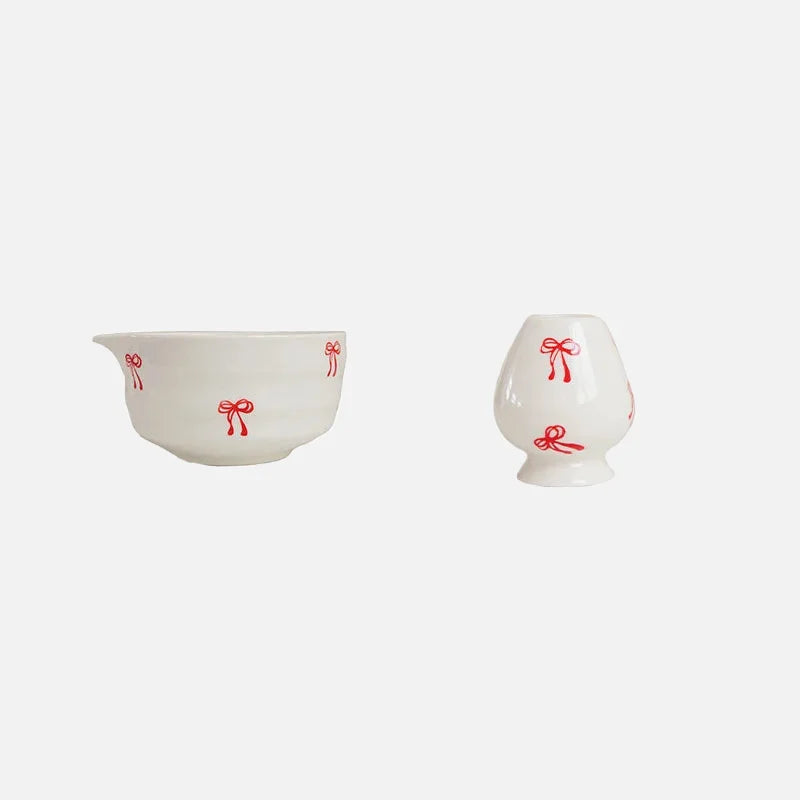 Ceramic matcha set red bow pattern bowl with spout whisk holder tea cup glossy ceramic tea tools