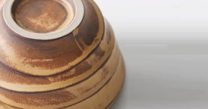 Ceramic ridged coffee mug warm brown textured tea cup sculptural handle minimalist drinkware