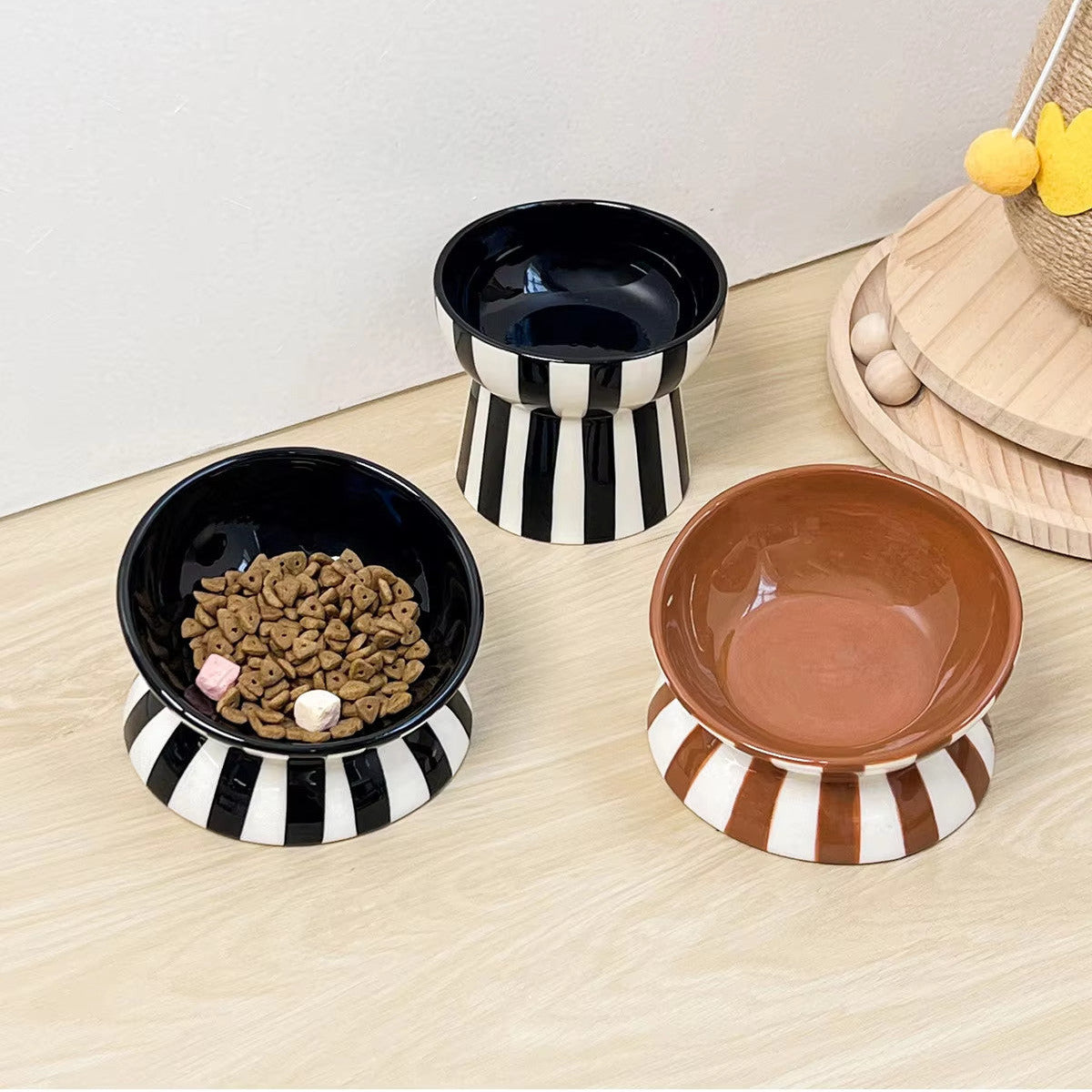 1pc minimalist style contrasting color striped high footed pet bowl ceramic cat bowl dog bowl anti knock-Letifly Lights and Decor